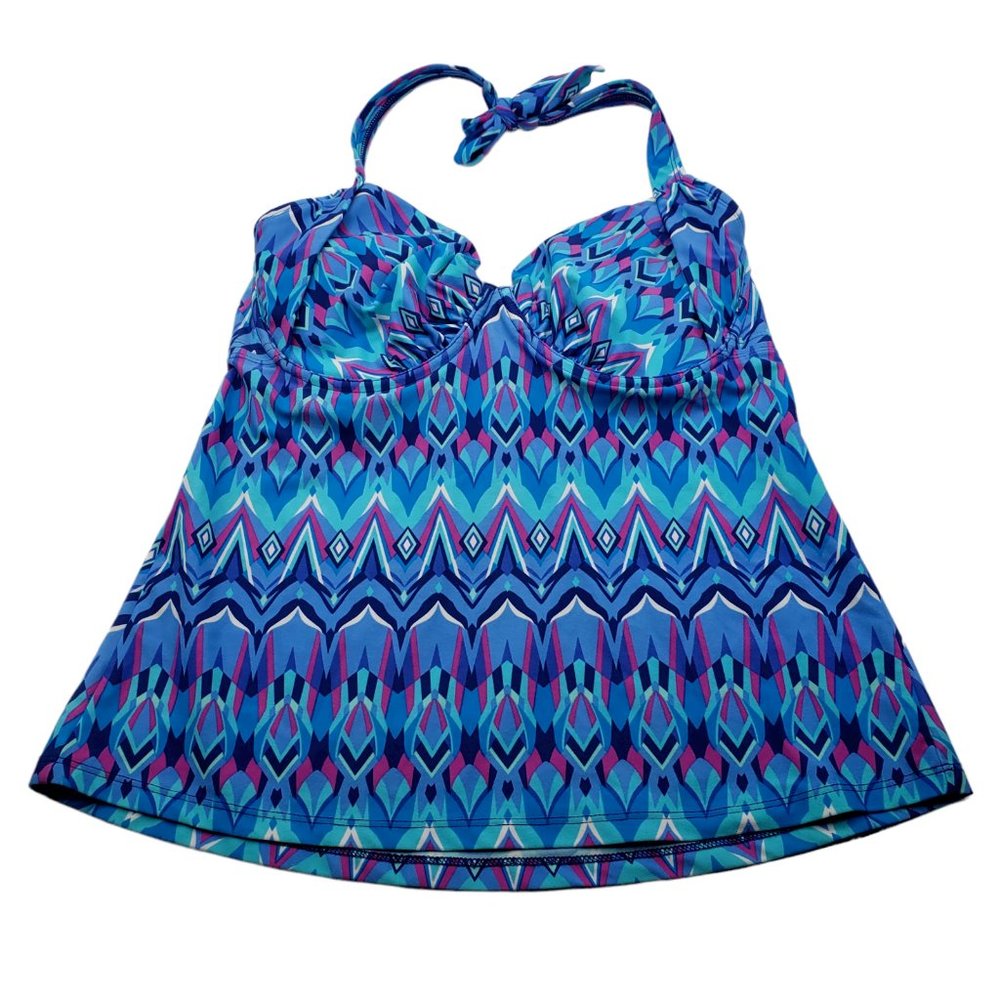Beach Diva Blue Pink Geometric Tankini Swim Suit Top Size 34DD Built in bra